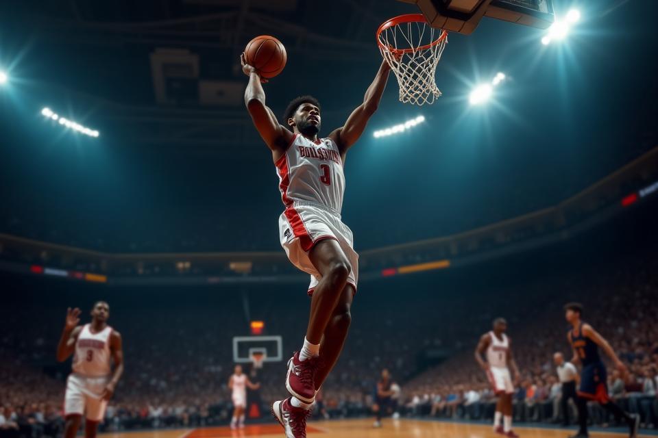 Basketball player mid-dunk with dynamic lighting, representing the excitement of the contest.